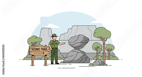 Illustrated scenic trail featuring a park ranger pointing to balanced rocks landscape
