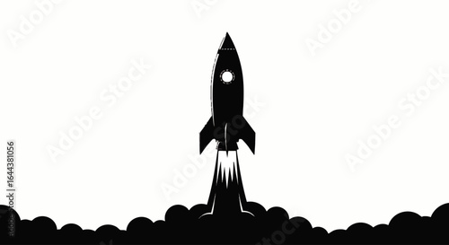 Black silhouette of a classic rocket ship launching upwards, with exhaust flames and smoke clouds.