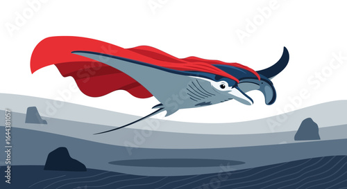 Illustrated super manta ray with a red cape flying over an ocean landscape vector design