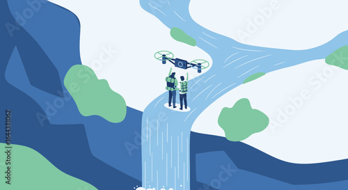 Illustrated vector scene of two people operating a drone over a waterfall and river landscape with trees and mountains
