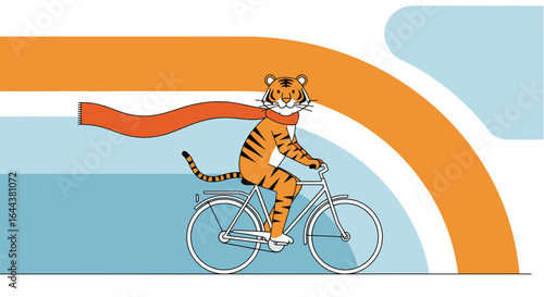 Illustrated tiger riding a bicycle with scarf against graphic background showcasing urban outdoor activity and animal cartoon vector