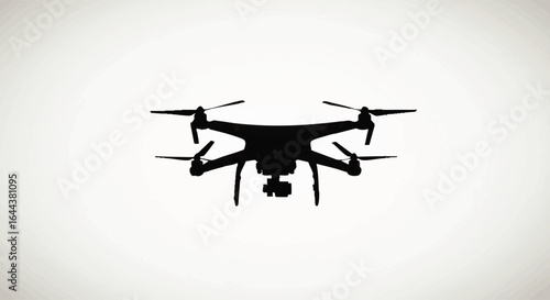 Black silhouette of a modern quadcopter drone with a gimbal-mounted camera, hovering in a frontal view.