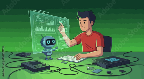 Illustration depicting a developer interacting with holographic interface and robot assisting him with debugging a vintage console