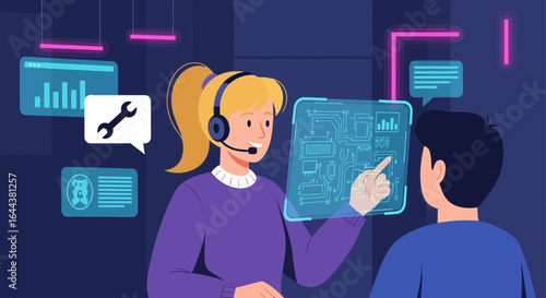 Futuristic technical support representative assists customer with a digital interface solution