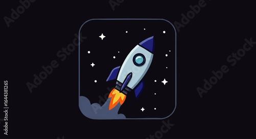 Blue cartoon rocket ship with a porthole window launching into space, with bright orange flames and smoke.