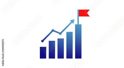 Blue business growth chart with an ascending arrow line graph and a red flag on top.