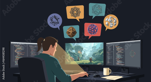 Game developer creating 3D game environment concept with computer and multi-screens
