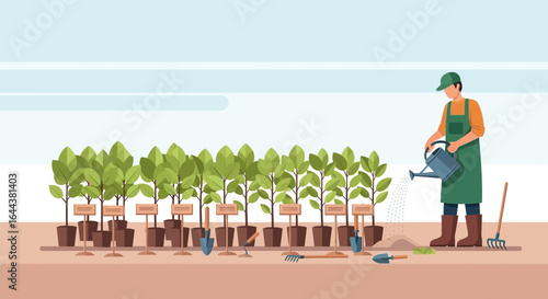 Gardener Watering Plants in a Greenhouse - Gardening and Plant Care Illustration