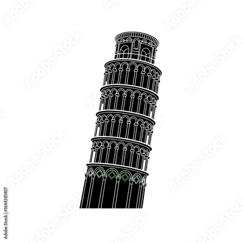 A black and white graphic illustration of the famous Leaning Tower of Pisa, an iconic Italian landmark.