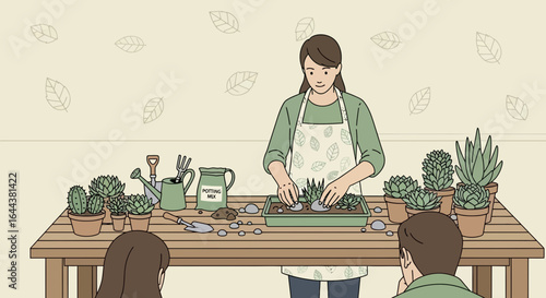 Gardening workshop: woman potting succulents with attendees observing on table illustration