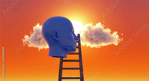 Blue Head Ascending Wooden Ladder Towards the Sun and Cloud