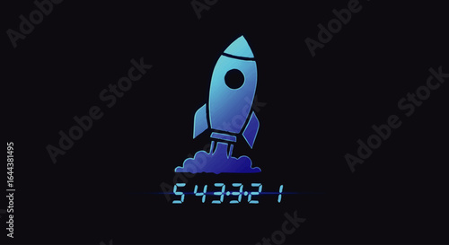 Blue stylized rocket launching with smoke and a glowing digital countdown timer showing 54321.