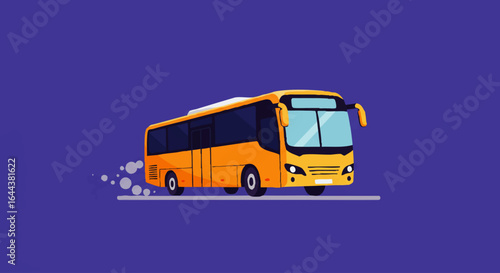 Bright yellow modern tour bus illustration driving at speed, kicking up dust clouds.