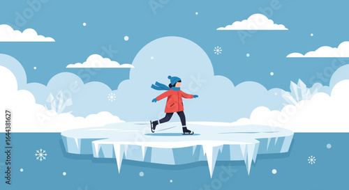 Girl enjoying ice skating on a winter day with snowflakes and clouds background illustration