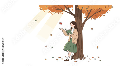 Girl Enjoying Reading Books Under The Maple Tree In Autumn Season