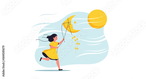 Illustration depicting a young girl running with a moon-shaped kite on a windy day