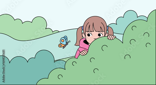 Illustration depicting a young girl hiding behind bushes watching a butterfly flying in a serene cartoon landscape