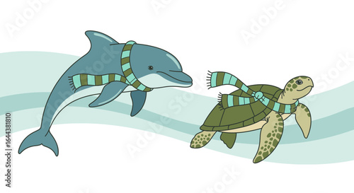 Illustration featuring a charming dolphin and turtle donning stylish winter scarfs together near the arctic ocean