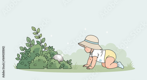 Illustration of a baby crawling towards a shining pearl hidden in a bush outdoor discovery scene with a happy and exploratory theme