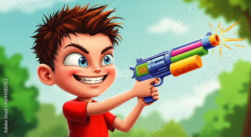 Cartoon boy with spiky brown hair and a mischievous grin firing a colorful toy blaster gun.