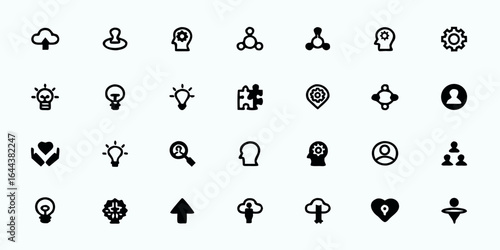 Idea Generation & Brainstorming Line Art Vector Icons — Innovation Process, Mind Mapping, Collaboration, Problem Solving, and Workshop Symbols for Creative Teams

