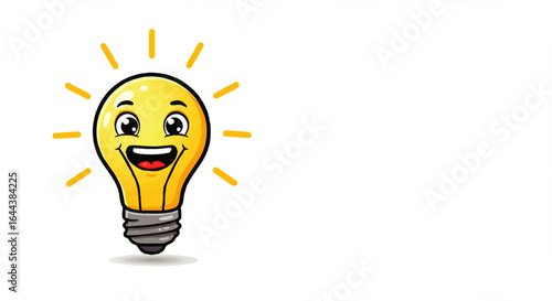 Cheerful yellow cartoon lightbulb character with a big, happy smile and glowing rays of light.