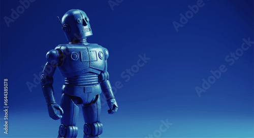 Classic blue toy robot with a single antenna looking upwards and to the side.