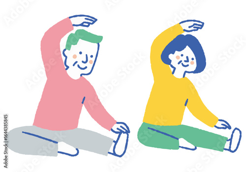 Elderly couple doing stretching exercises indoors_Color