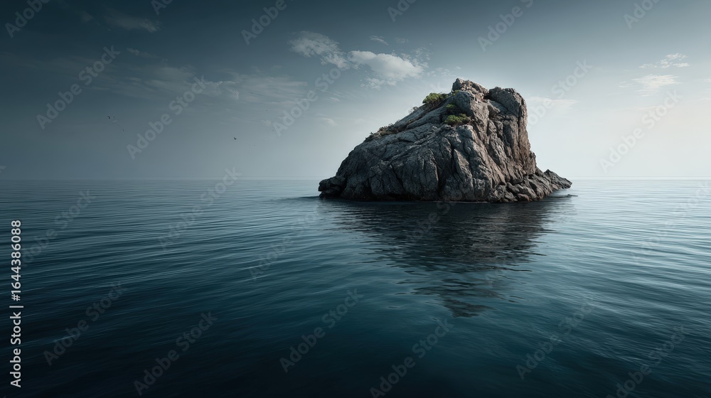 Naklejka premium Serene ocean scene featu a solitary rocky island under a partly cloudy sky du daytime with gentle waves and peaceful maritime atmosphere