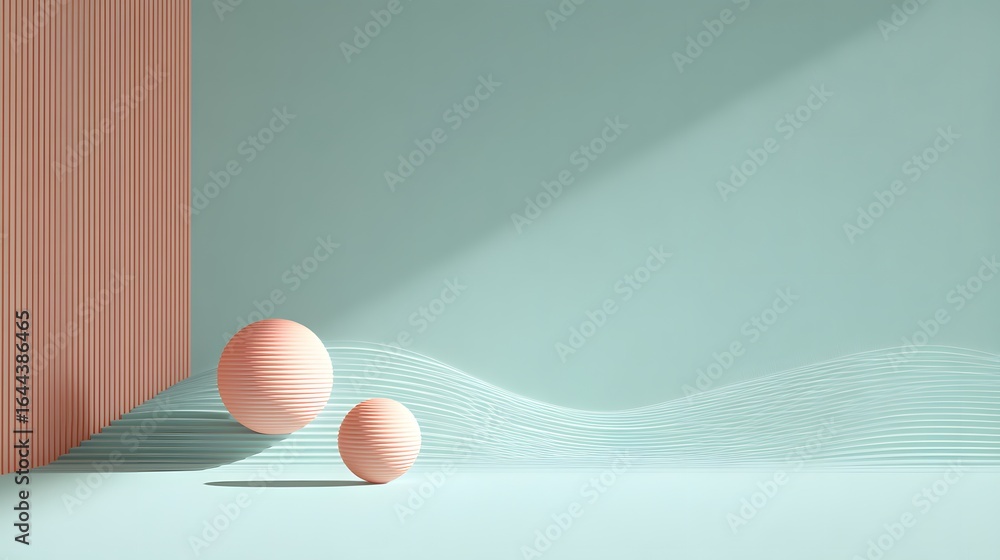 Fototapeta premium Minimalist display with light and shadow, featuring two pink spheres.