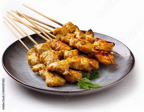 grilled chicken satay on a plate isolated on white background