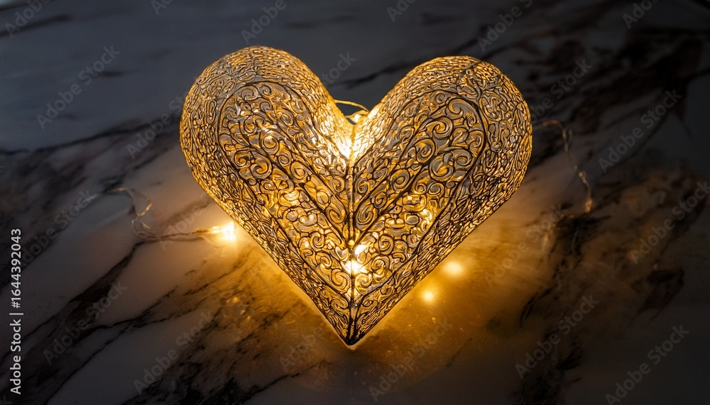 Fototapeta premium illuminated heart shaped decorative object on a marble surface