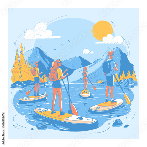 Cartoon Paddle Boarders on a Lake Surrounded by Scenic Mountains and Trees