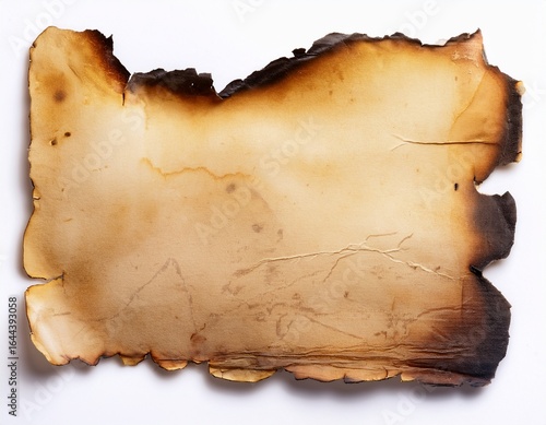 a single piece of old aged paper with burnt and scorched edges isolated on a white background
