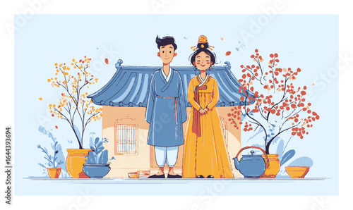 Cartoon Characters in Traditional Attire Near Oriental House and Garden