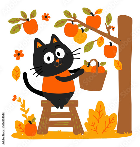 Happy Black Cat Harvesting Apples in a Colorful Autumn Cartoon Scene