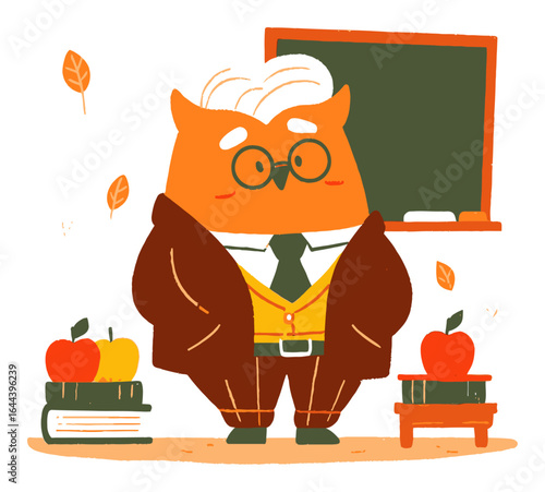 Cute Cartoon Owl Teacher in Class with Books and Apples Surrounded by Leaves
