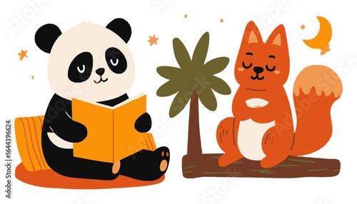Cute Panda and Fox Enjoying a Story Time in Cartoon Style Illustration