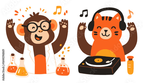 Happy Cartoon Monkey and Cat DJ with Colorful Lab Equipment and Music Notes