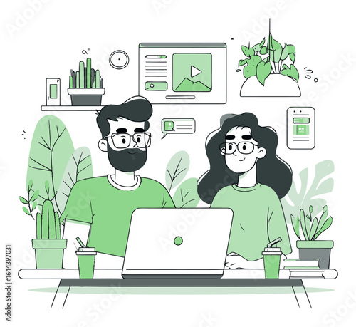Young professionals working together in a modern green office setting