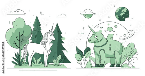 Fantasy Unicorn and Robot Unicorn in a Whimsical Nature Scene