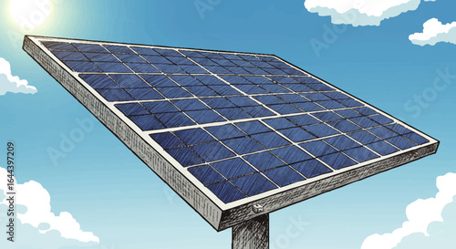 Detailed sketch-style illustration of a single solar panel with blue photovoltaic cells angled towards the sun.