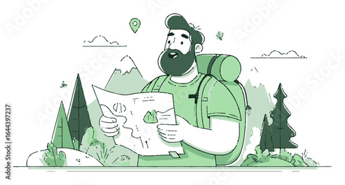 Outdoor Adventure Cartoon Illustration of a Hiker with a Map Design