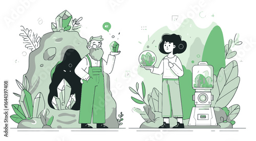 Cartoon Illustration of a Miner and a Woman with Crystals in Nature Scene