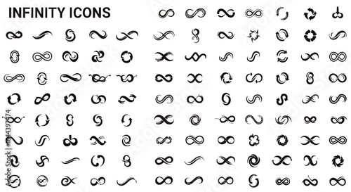 Diverse Black Infinity Symbol Icons Collection with Brushstroke and Arrow Variations