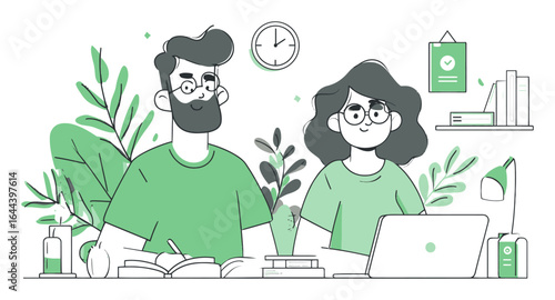 Cartoon Illustration of Two Characters Working Together in a Modern Office