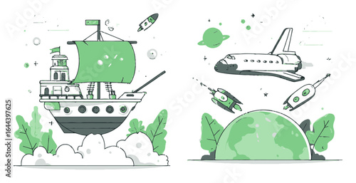 Cartoon Illustration of a Ship and Spaceships in a Green Color Scheme