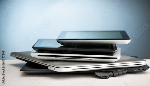 pile of old used laptop computers and digital tablet for recycling on white table planned obsolescence e waste electronic waste for reuse and recycle concept