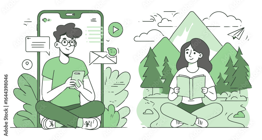 Fototapeta premium Cartoon Illustration of People Engaging in Digital and Nature Activities