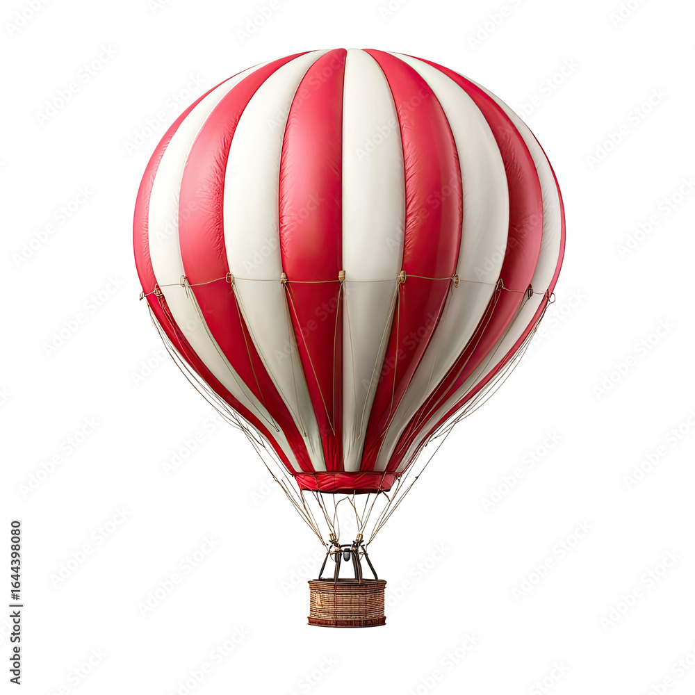 Naklejka premium A classic red and white striped hot air balloon, elegantly designed with a wooden basket, floats against a black background